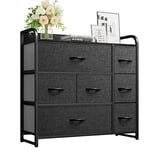 YITAHOME Commode- Meuble de Rangement en Tissu avec 7 tiroirs pour Chambre, Salon, Armoire, Couloir- Cadre Robuste en Acier, Dessus en Bois & Bacs à Tissus Faciles à Tirer (Gris Noir)