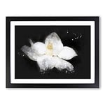 Blooming White Magnolia Paint Splash Modern Art Framed Wall Art Print, Ready to Hang Picture for Living Room Bedroom Home Office Décor, Black A4 (34 x 25 cm)