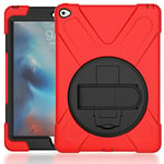 KUSEZJK Coque pour iPad Air 2 & iPad 6, Antichoc Armure Robuste Étui avec Support Rotatif à 360 Degrés et Dragonne, TPU + PC Housse pour iPad Air 2 & iPad 6 (Rouge)