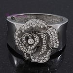 Vintage Deco Gatsby Heavy Silver Rose Flower Bangle Cuff w/ Swarovski Crystals