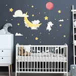 Stickers muraux enfants - Decoration chambre bébé - Sticker mural chambre enfant - Autocollant mural lapins amis des étoiles et de la lune - H90 x L60 cm