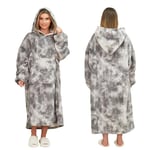 Dreamscene Extra-Long Tie Dye Oversized Hoodie Blanket Sweatshirt Soft Sherpa Fleece Throw Cosy Wearable Hooded Blanket Big Jumper - Charcoal, One Size Fits Most - Adults Teens Men Women