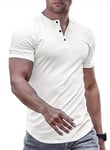 Meilicloth Men Muscle T Shirt Slim V-Neck Longline White Tops Button up Henley Shirt Gym Workout Athletic Tee Shirts