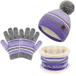 Enfants Hiver Bonnet Chaud Tricot Chapeau Echarpe Gants Ensemble pour Garcon Fille 2-7 Ans avec Doublure Polaire Pompon