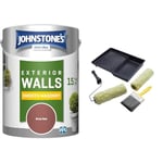 Johnstone's, Exterior Smooth Masonry Paint, Brick Red, Up to 15 Years Protection, Weather & Dirt & ProDec PRRT028 5 piece Twin Masonry Paint Roller, Frame, 4" Brush and Tray Set