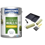 Johnstone's, Exterior Smooth Masonry Paint, Brilliant White, Up to 15 Years & ProDec PRRT028 5 piece Twin Masonry Paint Roller, Frame, 4" Brush and Tray Set, Heavy Duty Paint Roller Set