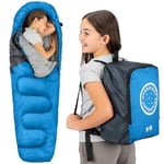 Trail Kids Sleeping Bag Mummy Shape 3 Season Camping 300gsm Boys Girls with Lightweight Rucksack Bag (Blue)