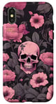 Coque pour iPhone X/XS Étui de téléphone gothique fleurs crâne roses et fond gothique