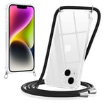 Yoedge Coque pour iPhone 14 Plus avec Cordon 6,7", Transparente Coque Collier Réglable Téléphone Étui Portable Lanyard Housse, Etui avec PC + TPU Bumper Anti-Chute Protection Case, Noir