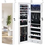 Costway - Armoire à Bijoux à Fixation Murale/Porte 6 led et 2 Tiroirs avec Miroir Grand Format Blanche pour Chambre