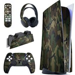 PlayVital Kit de Autocollants Skin Decal pour ps5 Sticker Vinyle pour ps5 Console&Manette&Station de Charge&Casque&Télécommande Média-Édition Régulière-Camouflage Vert Armée