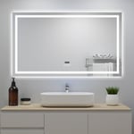 Miroir de Salle de Bain avec Bluetooth 120 x 70cm, Miroir lumineux avec Horloge + 3 Couleurs + Dimmable + Anti-buée, IP44 rectangulaire