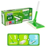 Swiffer Kit Complet Balai, 8 Lingettes Sèches + 3 Lingettes Humides, Idéal pour les Sols en Bois, en Céramique et en Vinyle