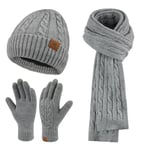 Femme Hiver Bonnet Chapeau Écharpe Écran Tactile Gants Ensemble Chaud Tricot Polaire Doublé Casquette Foulard Gant Cadeaux de Noël Anniversaire pour Femmes