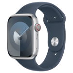 Refurbished Apple Watch Series 9 GPS + Cellular, 45mm Silver Aluminium Case with M/L Storm Blue Sport Band