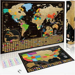 Scratch Off Map of the World + USA Map - Set of Two Deluxe Gold Scratch Off Travel Posters with Colourful Countries, US States and Flags - Made in Europe