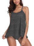 FLYILY Femme Tankini Maillot de Bain Bikini Set 2 Pièces Shorty avec Gilet Gaze sans Manches Beachwear Taille Grande(Grey,L)