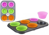 Dark Grey 6-Cup Non-Stick Muffin Tray Set - 27cm x 19cm (1 Pc.) - Includes Vibrant Silicone Cases (2 Green, 2 Pink, 2 Orange) - Easy-Clean, Durable Baking Pan for Perfect Muffins and Cupcakes