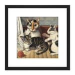 Painting 19th Century American Cat And Kittens 8X8 Inch Square Wooden Framed Wall Art Print Picture with Mount