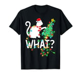 Cat What Xmas Lighting Santa Hat Cat Pushing Christmas Tree T-Shirt