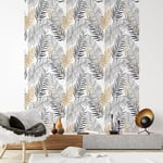 Ambiance Sticker Papier Peint Intissé Pré-encollé Rouleau Wallpaper Feuilles de Palmier Chic Adhésif Décorative - 1 Roulle de H300 x L60 cm