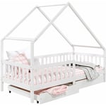 Lit cabane alva lit enfant simple asymétrique en bois 90 x 190 cm montessori, avec rangement 2 tiroirs, en pin massif lasuré blanc - Blanc