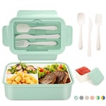 LUZOON Lunch Box, Bento Box Boîte à Déjeuner en Plastique pour Enfant Adulte, 1400ml Boite Bento Boîte à Repas avec Trois Compartiments et des Couverts, Sans BPA (Vert Clair+Sauce box)