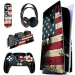 PlayVital Kit de Autocollants Skin Decal pour ps5 Sticker Vinyle pour ps5 Console&Manette&Station de Charge&Casque&Télécommande Média-Édition Régulière-Drapeau Américain