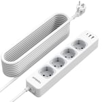 TESSAN 4 Prises Multiprise avec USB C, Rallonge Multiprise 10M, 7 en 1 Multiprise avec Interrupteur, 3600W Prise Multiple de Distribution Murale, Blanc Multiprise Bureau, Prise Multiple avec USB