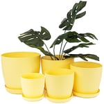 Home Garden Ornaments Yellow Plant Pots Indoor Set of 5 Sizes 9.5/12/14/16/18cm – Plant Pot with Mat Sufrace - Plastic Flower Pots Outside - Plastic Plant Pot Saucers (Yellow)