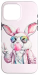 Coque pour iPhone 16 Pro Max Lunettes de soleil aviateur lapin de Pâques mignon Bubblegum Peace Sign