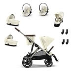 cybex GOLD i-Size Ocean Gazelle S Taupe Seashell Beige tvillingset inkl. S Cot Seashell Beige barnvagnsdel, S Taupe Seashell sittdel, Cloud G Plus Blue Plus bilbarnstol och S adapter