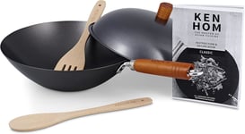 Ken Hom Carbon Steel Wok Set, 31cm, Classic, Non-Induction/Wooden Handle/Flat &