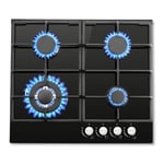 SNDOAS Gas Hob 4 Burners, NG/LPG Convertible, Black Glass Gas Cooker Hob with Wok Burner, Built-in Gas Hob with Flame Failure Protection, 8060W