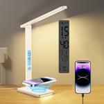 YAMYONE LED Desk Lamp with Wireless Charger & USB Charging Port, 5 Colors 5 Brightness Dimmable Eye-Caring Table Lamp with Night Light, LCD Screen Clock Temperature Timer Touch Control Bedside Lamp