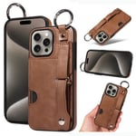 Apple iPhone 15 Pro Max Hand Strap PU Card Case Brown