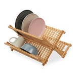 Relaxdays Folding Drying Rack, 2-Tier, Dish Drainer Stand for Plates, Mugs, Bowls, Bamboo, 24 x 23.5 x 44 cm, Natural