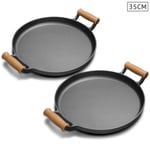 SOGA 2X 35cm Cast Iron Frying Pan Skillet Steak Sizzle Fry Platter With Wooden Handle No Lid - Frying Pans - ZPaiB8X2