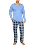 Irdcomps Pyjama Homme Hiver Coton Ensembles de Pyjamas Chauds Manches Longues Col Rond Vêtements De Nuit Pantalon de Pyjama à Carreaux Vêtements de Détente Deux Pièces Confortable Doux Bleu XXL