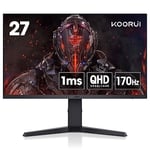 KOORUI 27 Inch Gaming Monitor, 2K Computer Monitors, QHD(2560 * 1440), IPS,1ms, Adpitive Sync, 2x HDMI (144Hz), DisplayPort(170Hz), HDR 400, DCI-P3 90%, Height Adjustable, Rotatable