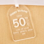 Personalised 50th Birthday Bottle Tag Clear Acrylic Engraved Gift Idea For Her