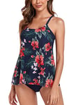 FLYILY Femme Tankini Maillot de Bain Bikini Set 2 Pièces Shorty avec Gilet Gaze sans Manches Beachwear Taille Grande(NavyFlower,3XL)