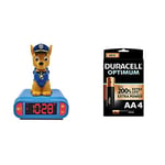 LEXIBOOK RL800PA Paw Patrol Digital Alarm Night Light-Snooze Function-Dog Sound Effects-for Children/Kids-Luminous Clock with Chase, Blue/Red+Duracell NEW Optimum AA Alkaline Batteries [Pack of 4]