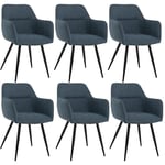 Chaises de salle à manger- lot de 6 Bleu - Chaise de cuisine en tissu de lin - Chaise rembourrée - Chaise de salon - Fauteuil avec accoudoirs - Noir - Pieds métalliques revêtus par poudre