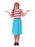 Smiffys Where's Wally Wenda Deluxe Costume, Kids Red & White Dress, Hat, Tights & Glasses, Iconic Outfit with 3D Print, Perfect for a Themed Parties or World Book Day or Halloween