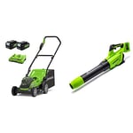 Greenworks Tondeuse à Gazon à batterie2x24V 36cm G24X2LM36K4x avec Batterie 2x4Ah et Chargeur à Double Fente et souffleur à Feuilles axial 2x24V GD24X2AB Outil Uniquement