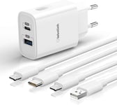 20w Chargeur Rapide Iphone,2ports Chargeur Usb C + 2x Cable 2m Usb A+Usb C Vers Lightning Chargeur Secteur Qc 3.0 Compatible Avec Iphone 12 Pro/Mini 13 Pro/Mini 11 Ipad Pro/Mini Airpods