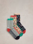 White Stuff Floral Stripe Ankle Socks, Pack of 3, Blue/Multi