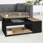 Table basse plateau relevable rectangulaire ELEA avec coffre bois noir et façon hêtre