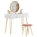 EUGAD Coiffeuse avec Tabouret Velours et Miroir Pivotant à 360°, 100x40x79cm, Table Cosmétique à 3 Tiroirs Effet 3D, Meuble Chambre Moderne en Bois et Métal, Blanc+Or, 0016SZT